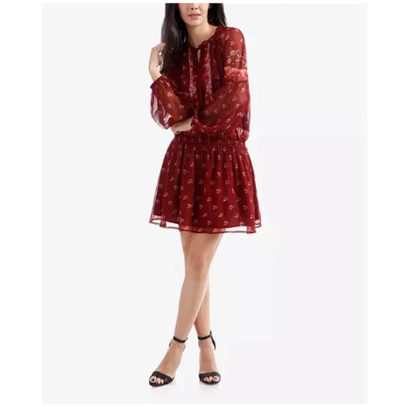 Lucky Brand | Dresses | Lucky Brand Printed Fit Flare Peasant Dress Burgundy  Size Xl